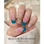 Teal French 3D Pink Flower Press‑On Nails, Nude Base Medium‑Long T‑Shape False Nails with Gold Beads & AB Rhinestones